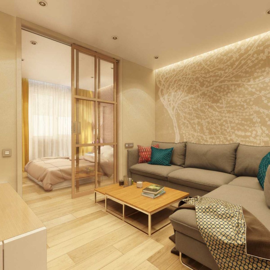 Спальня и гостиная в однокомнатной квартире