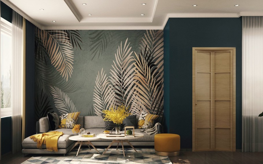 Обои пальмы в интерьере гостиной