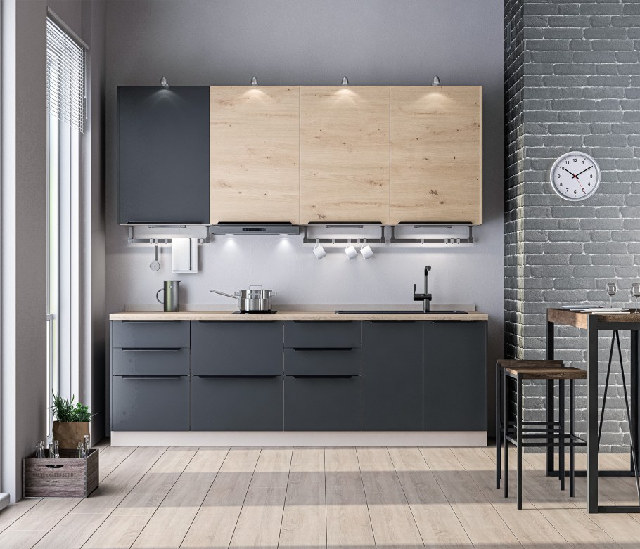 Кухонный гарнитур лофт Регина песочный/Диамант серый, дуб дикий 2,4 м
