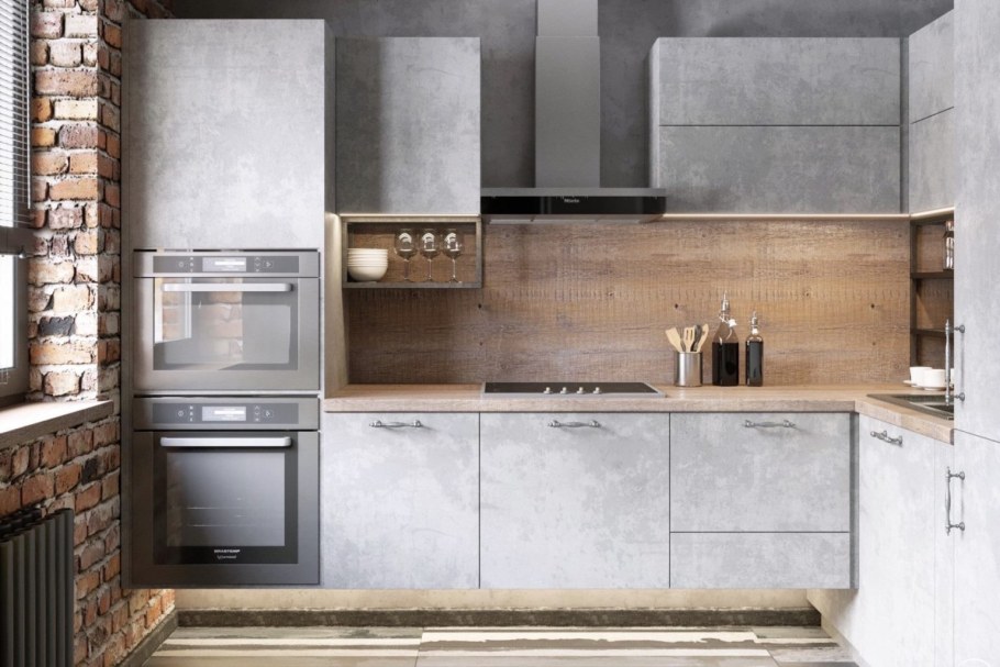 Угловая кухня лофт светлый бетон