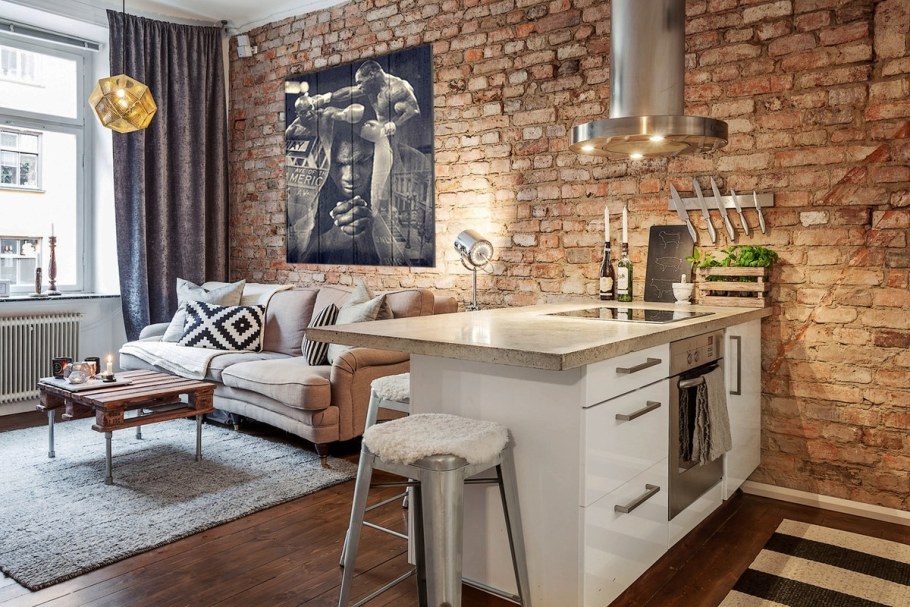 Кухня лофт стены кирпич
