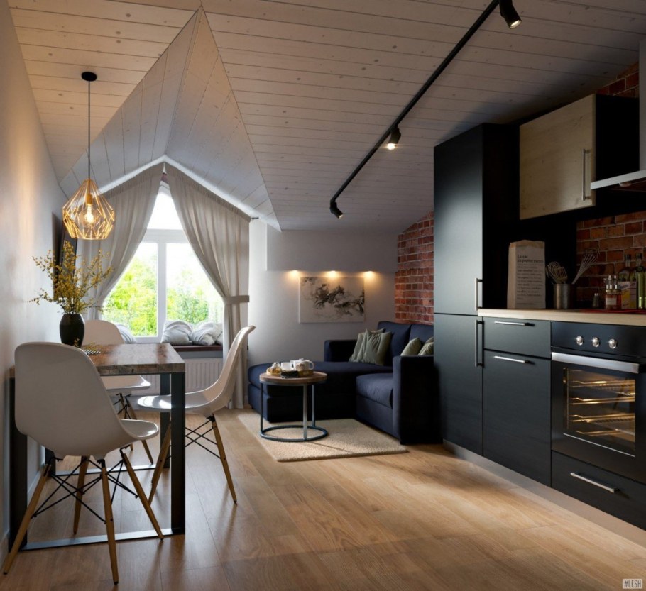 Кухня гостиная на мансардном этаже