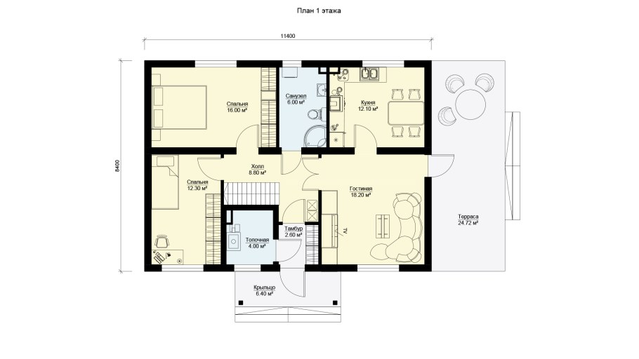 Планировка одноэтажного дома 80 кв.м с 2 спальнями и котельной