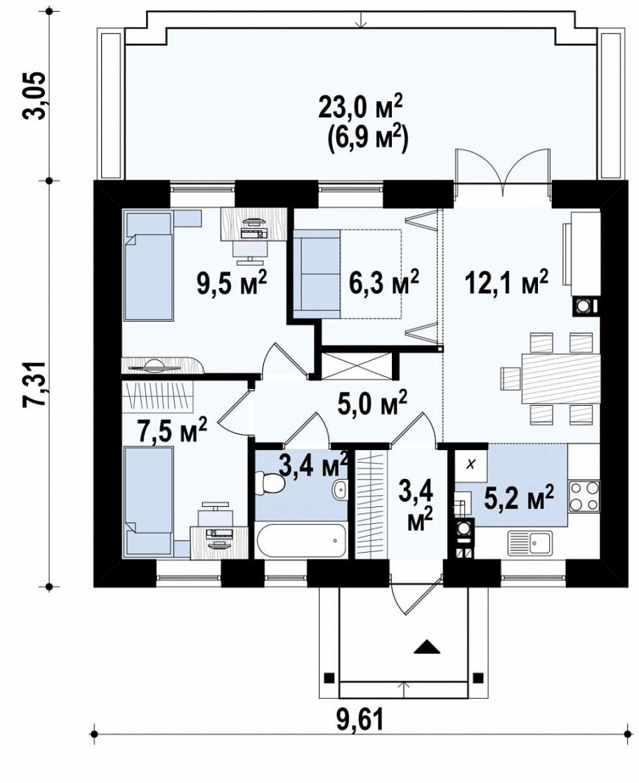 Одноэтажный дом 70м2 планировка с 3 спальнями