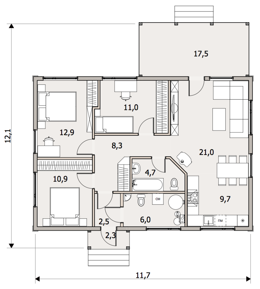 Планировка одноэтажного дома из бруса 100 кв