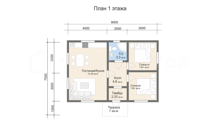 Планировка дома 60 кв.м одноэтажный 1 спальня