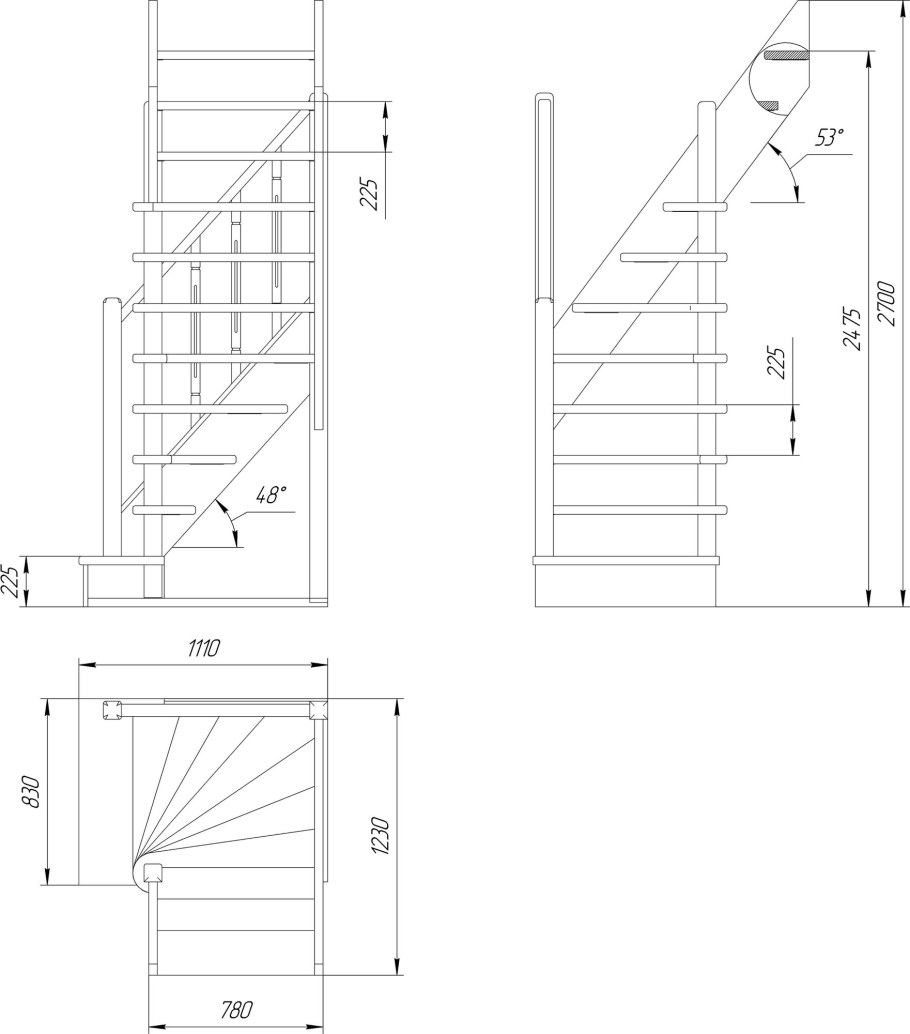 Комбинированная межэтажная лестница лес-06 (поворот 180°)