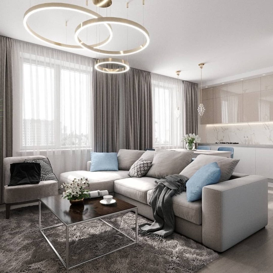 Кухня гостиная с двумя окнами