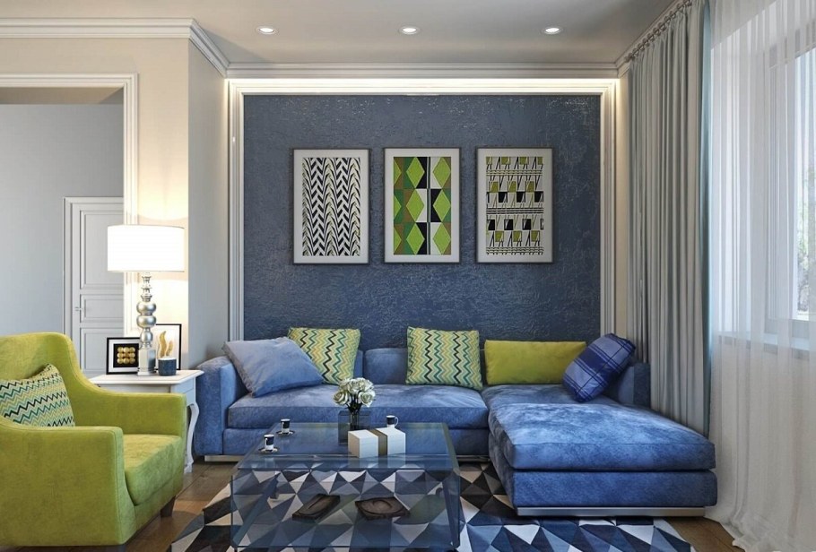 Голубой диван в интерьере