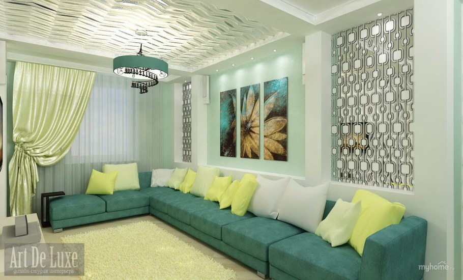 Интерьер гостиной в бирюзовых тонах