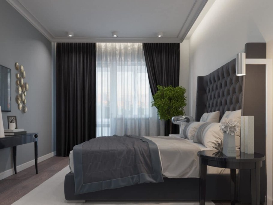 Темные шторы в светлой спальне