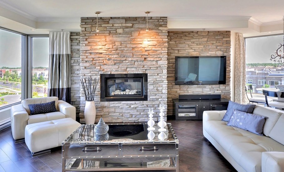Отделка гостиной декоративным камнем
