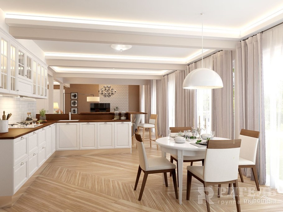 Кессонный потолок в кухне гостиной