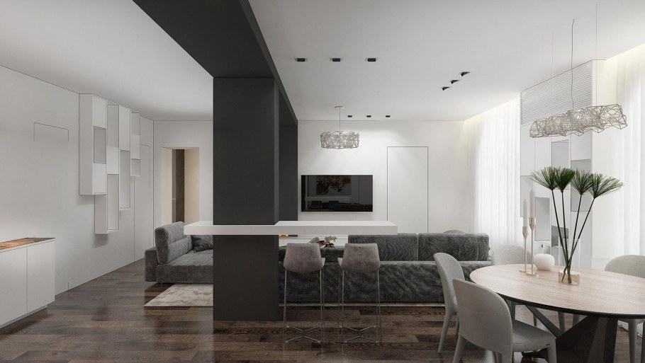 Гостиная столовая в сером цвете