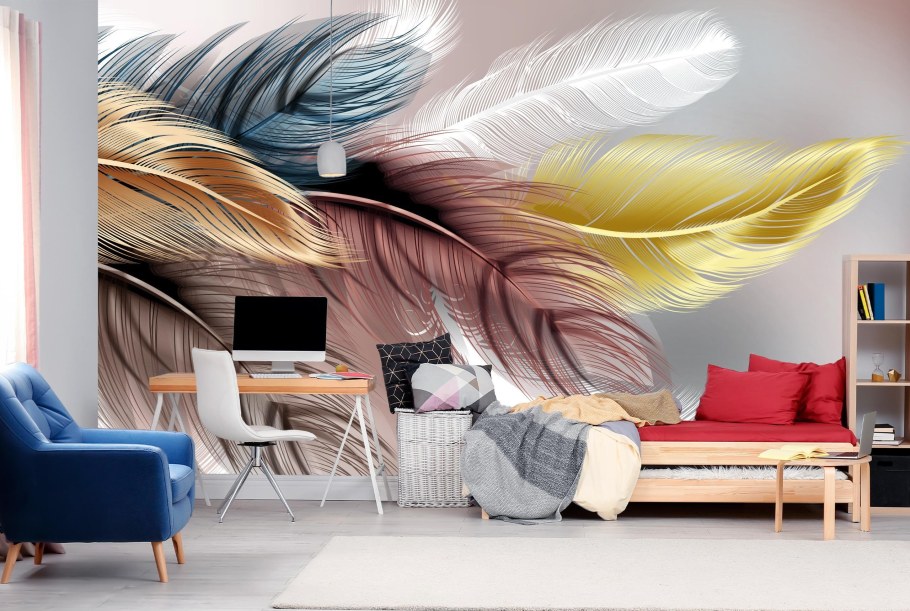 3 Д обои перья в интерьере