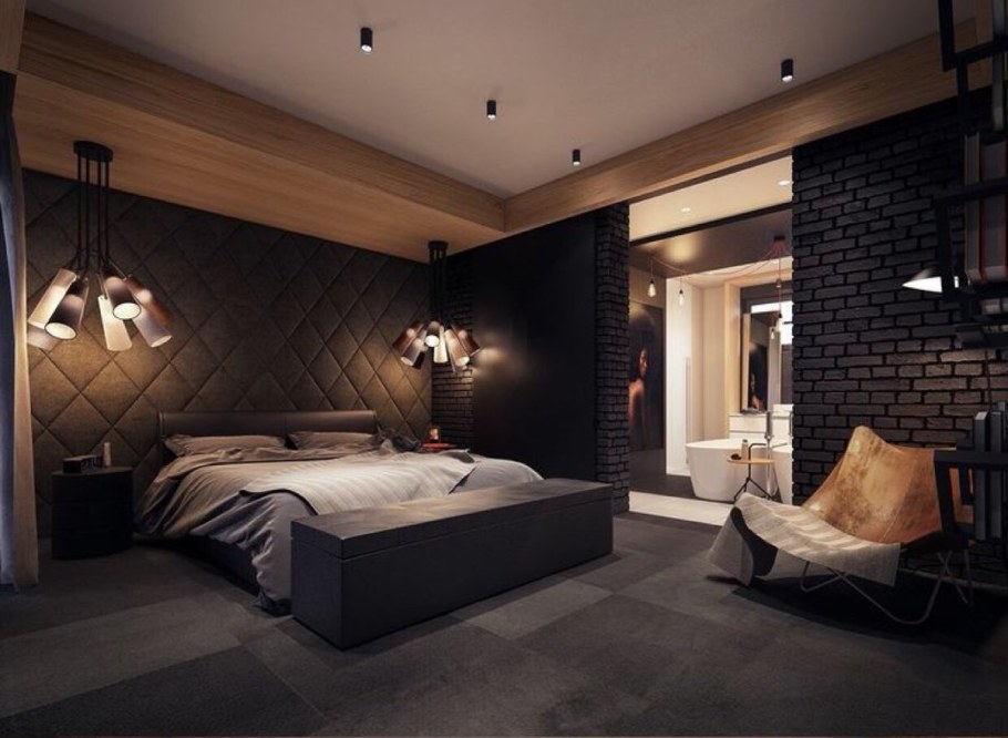 Спальня в стиле лофт в темных тонах