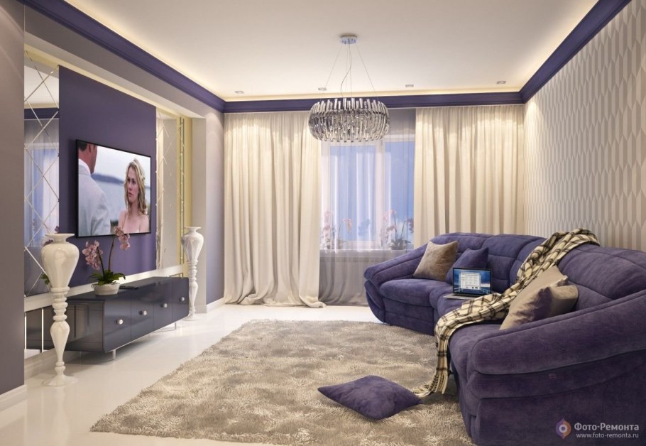 Гостиная в бежево фиолетовых тонах