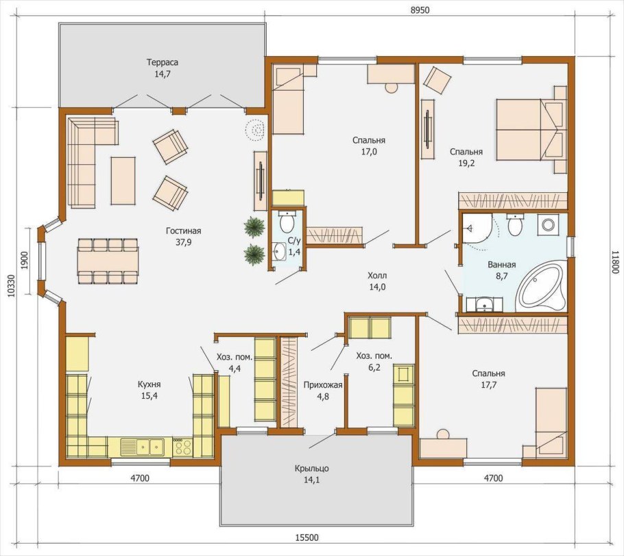 Планировка одноэтажного дома 15х15м