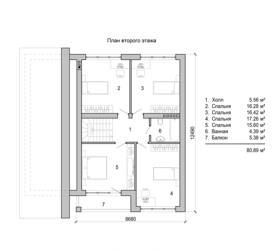 Планировка 2 этажа с 3 спальнями и туалетом