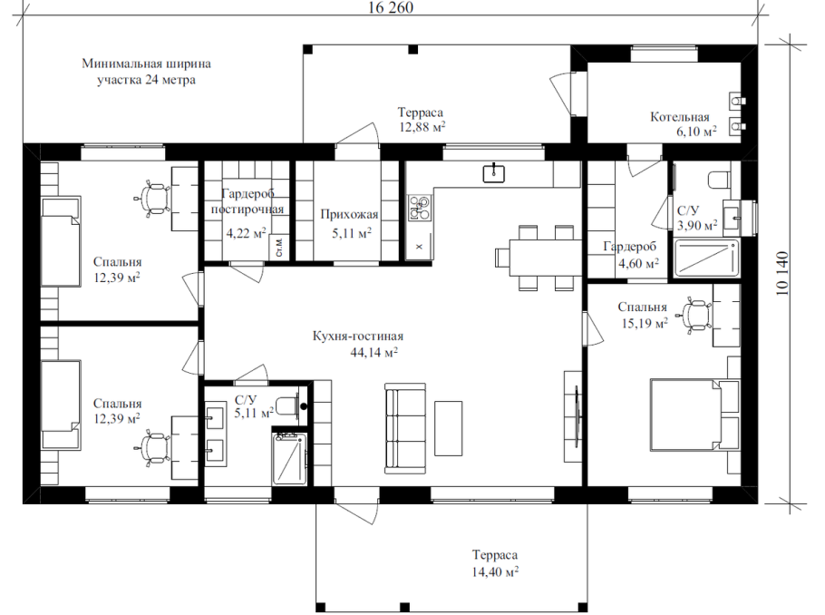 Планировка одноэтажного дома с сауной и террасой