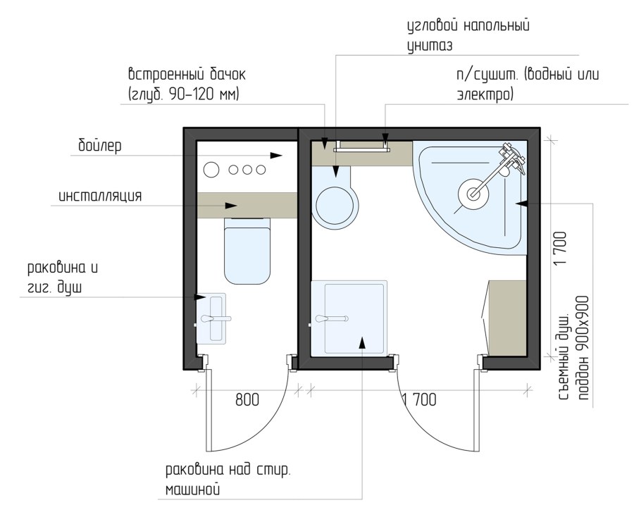 Схема ванной с душевой кабиной в доме п-44