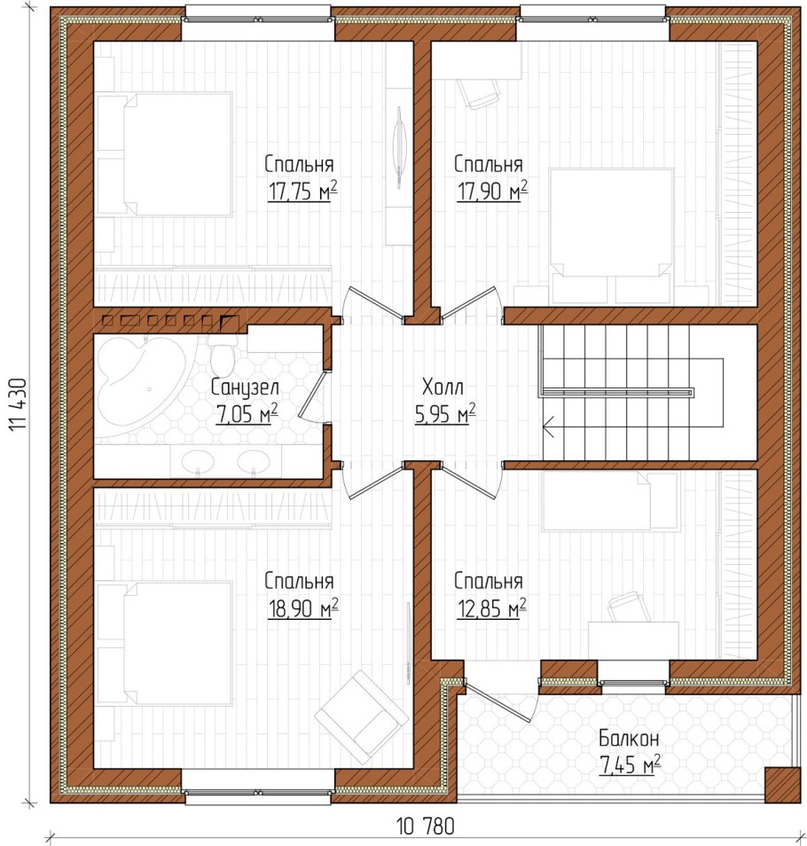 Планировка двухэтажного дома на 4 человека