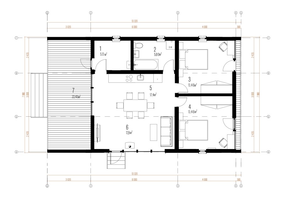 Барнхаус с двумя спальнями планировка