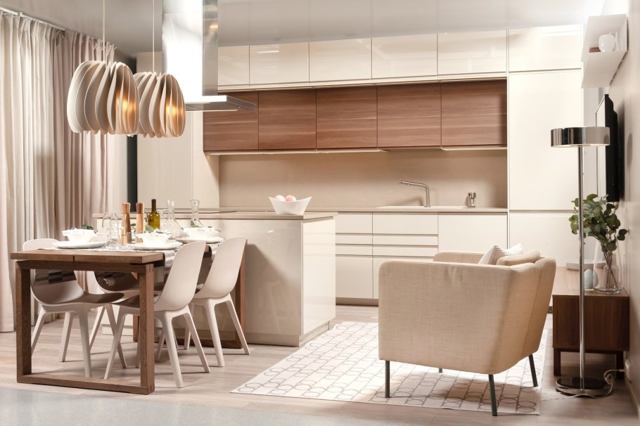 Кухня икеа Воксторп глянец бежевый кухни