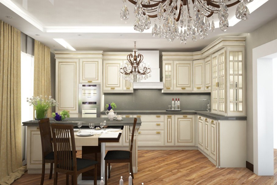 Кухня бежевая с золотом