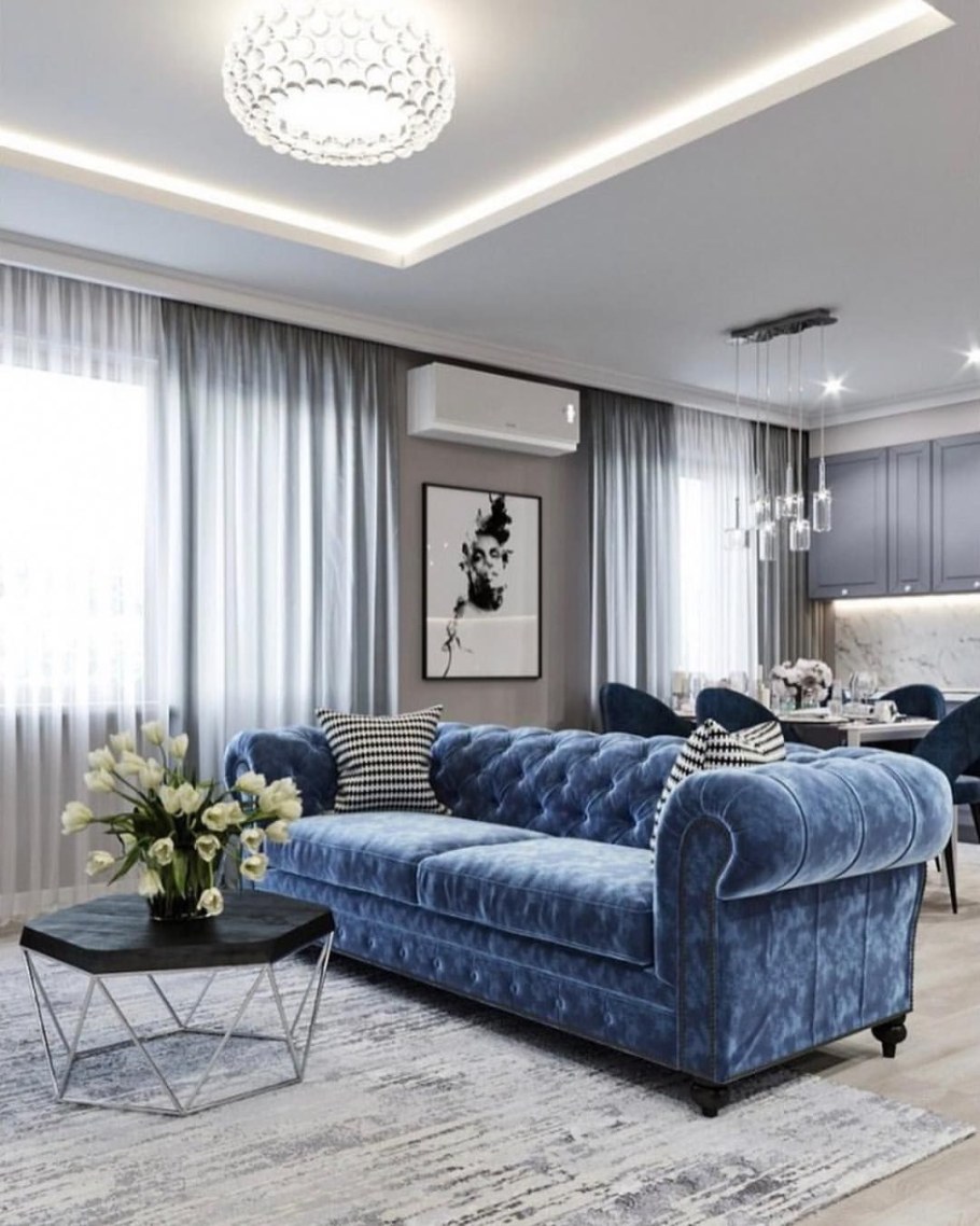 Бело синий интерьер гостиной