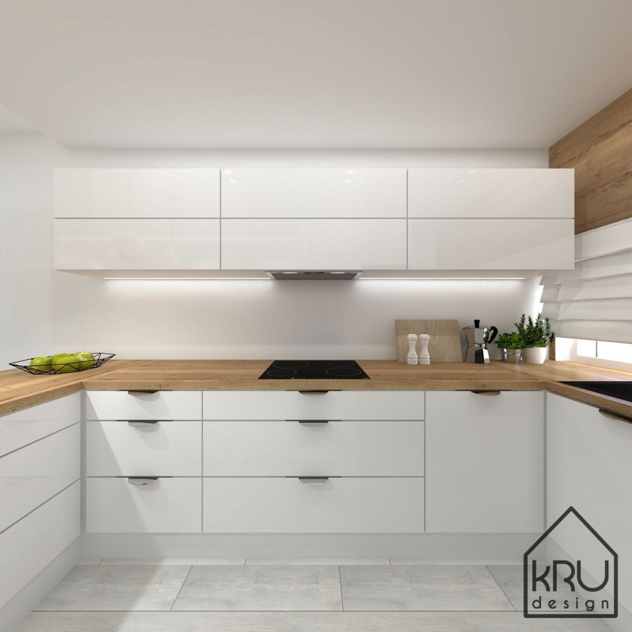 Белая глянцевая кухня с деревянной столешницей