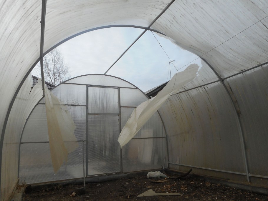 Сломанная поликарбонатная теплица