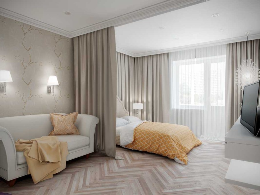 Зал разделен на спальню и гостиную