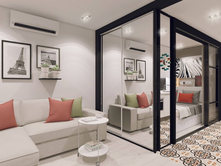 Интерьер гостинной комнаты 17 кв.м с зонированием