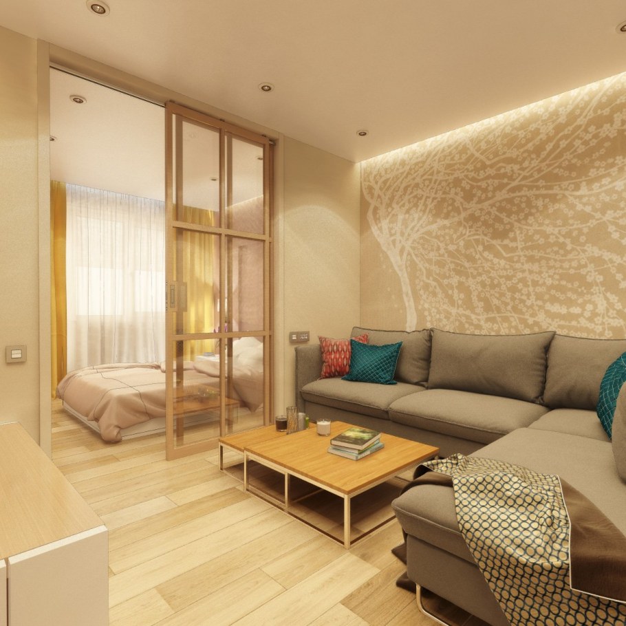 Спальня и гостиная в однокомнатной квартире