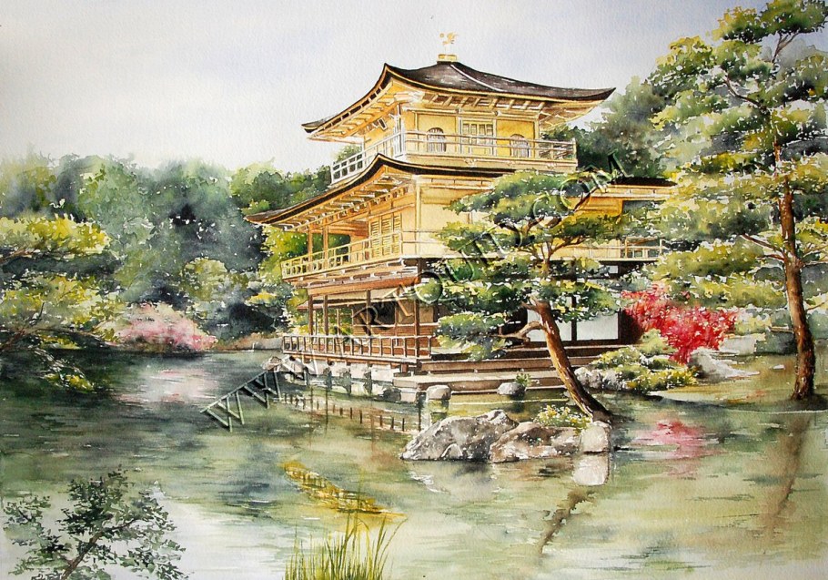 Китай пагода пейзаж акварель