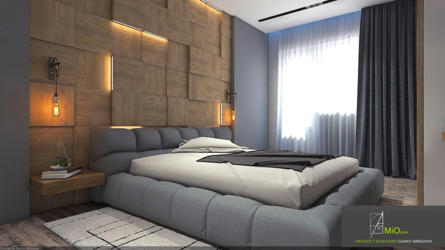 Деревянные панели с подсветкой в спальне