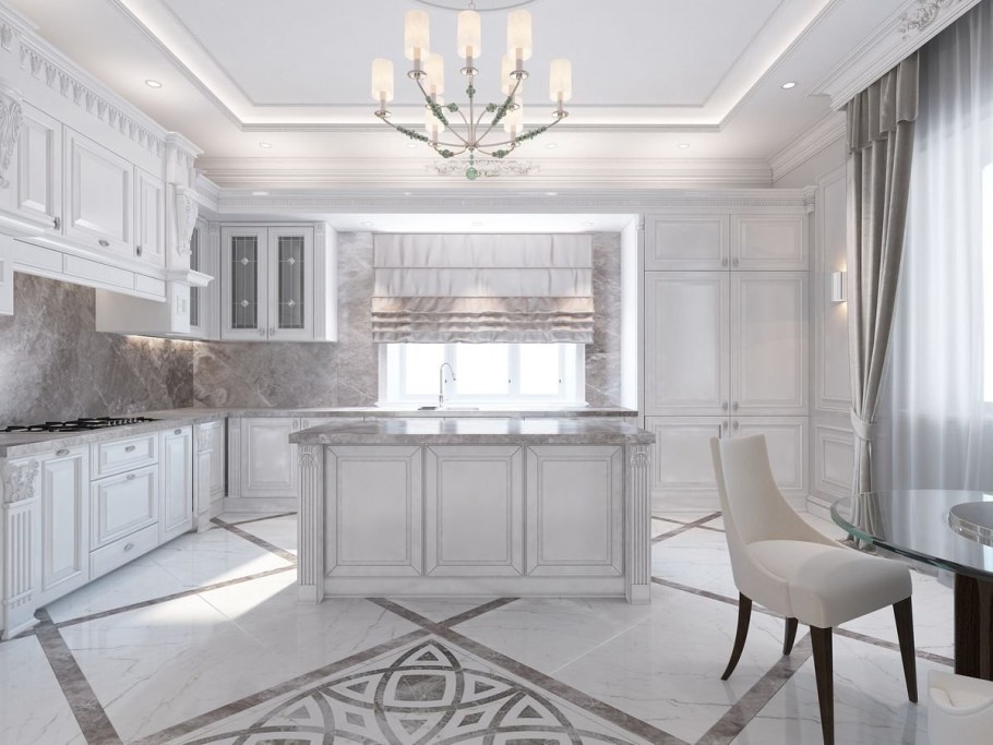 Кухня Неоклассика белая пол белый мрамор
