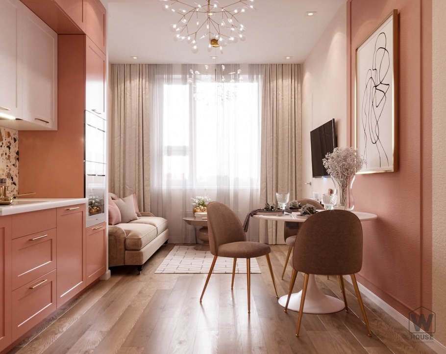 Бежево розовая кухня-гостиная