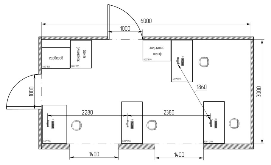Схема помещения с ПЭВМ 5x3