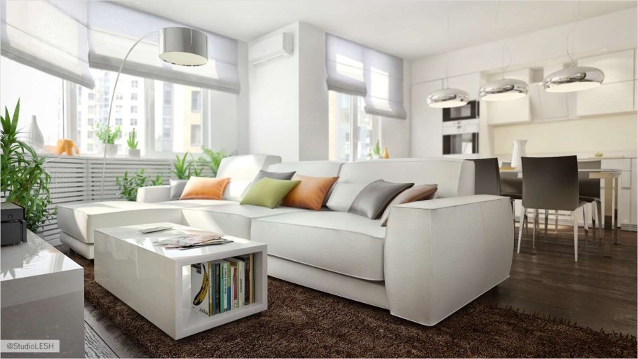 Кухня гостиная с диваном посередине