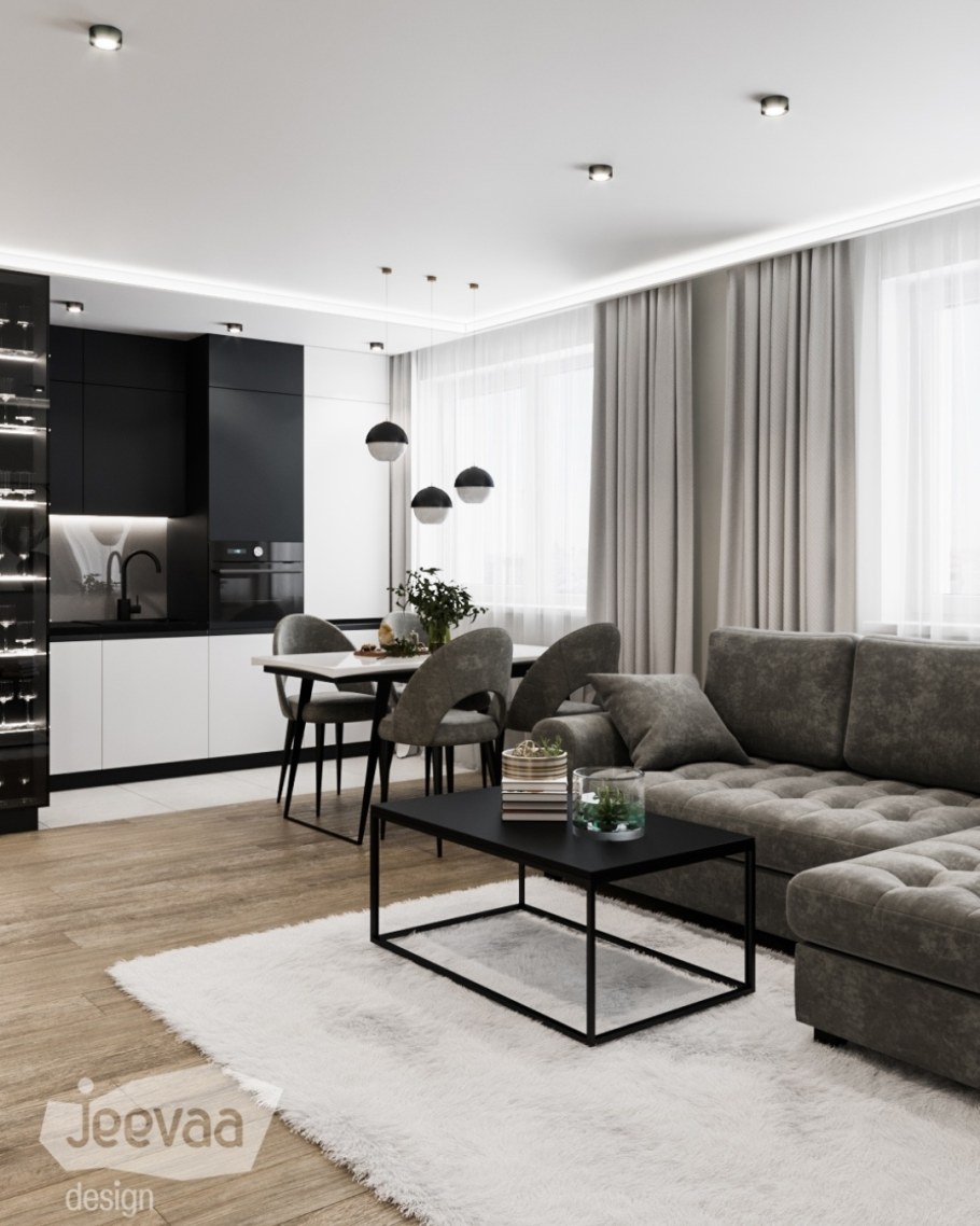 Серо белая кухня гостиная