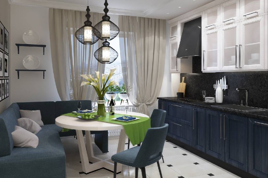 Интерьер кухни с диваном