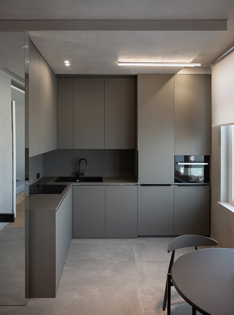 Кухня серая матовая современная угловая