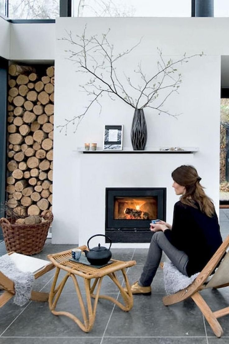 Камин с дровами в интерьере