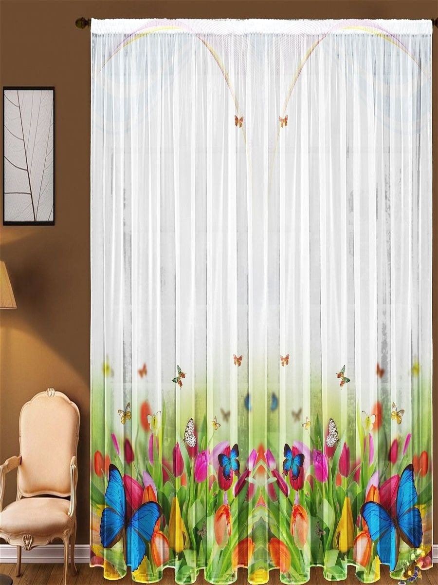 Тюль белая с бабочками