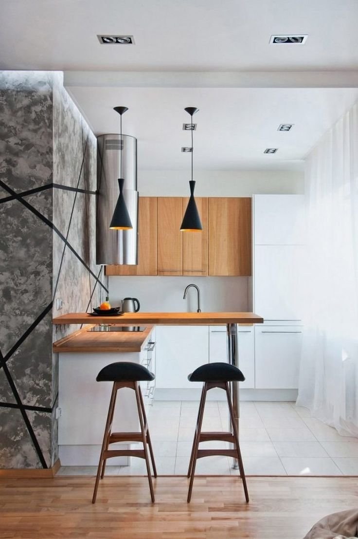 Стильная маленькая кухня с барной стойкой