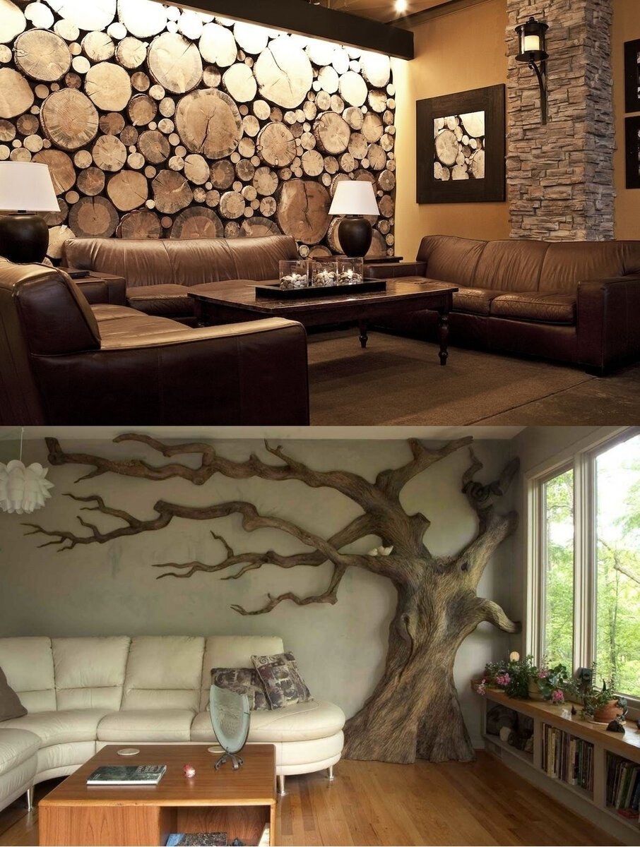 Панно из спилов дерева в интерьере
