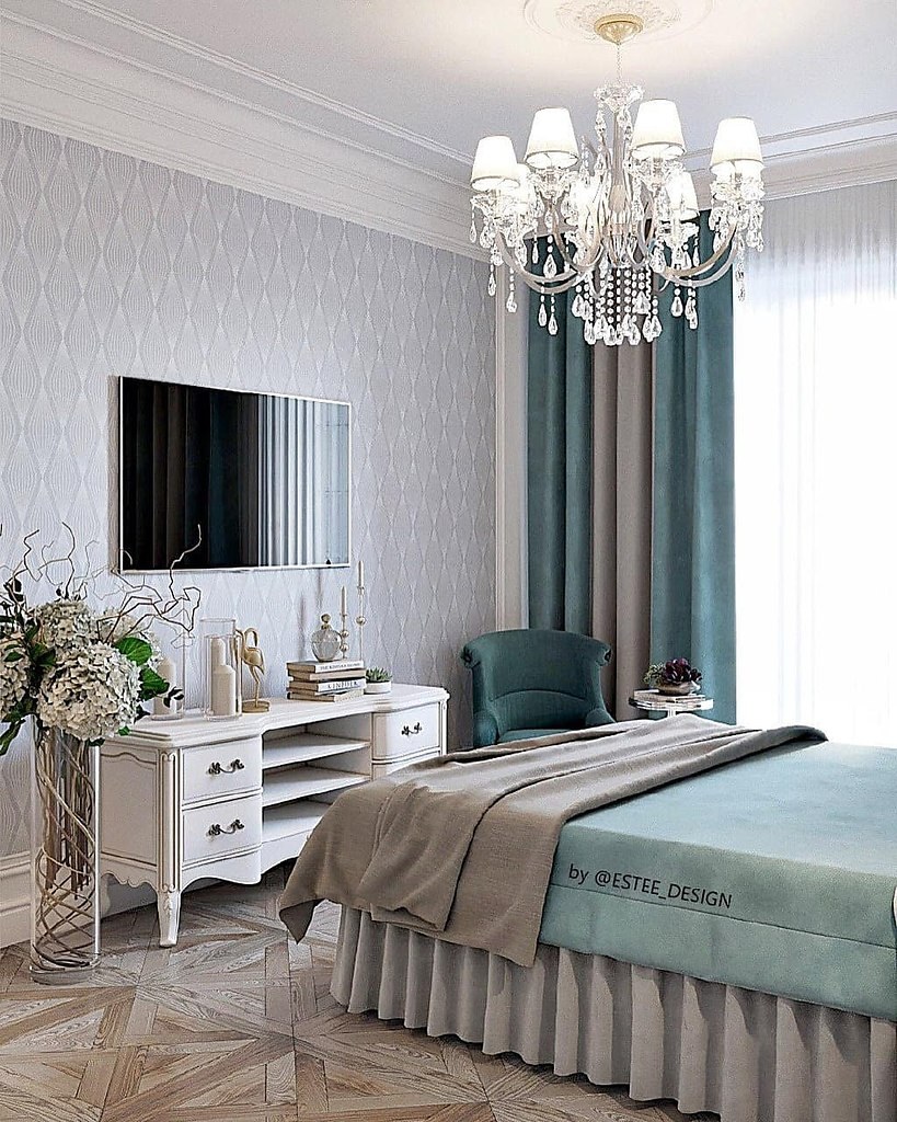 Спальня в голубых и бежевых тонах