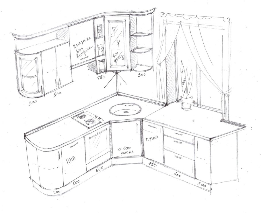 Эскиз маленькой угловой кухни